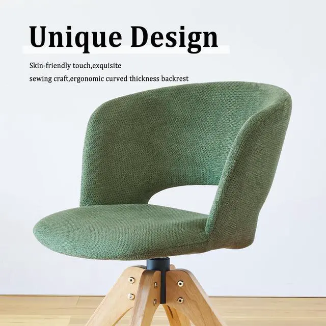Alt view image 5 of 6 - Mid Century Modern Swivel Accent Chair with Solid Wood Legs, Home Office Desk Chair No Wheels, Makeup Chair for Vanity, Upholstered Chair for Bedroom, Green