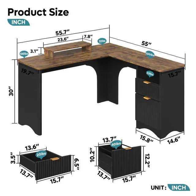 Alt view image 2 of 6 - L Shaped Desk with File Drawer, 55.7" x 55" Office Computer Desk with Round Corners, Modern Desk with Monitor Stand & Fluted Panels for Home Office, Black & Rustic Brown