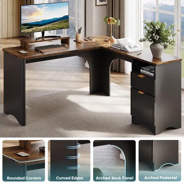 Alt view image 3 of 6 - L Shaped Desk with File Drawer, 55.7" x 55" Office Computer Desk with Round Corners, Modern Desk with Monitor Stand & Fluted Panels for Home Office, Black & Rustic Brown