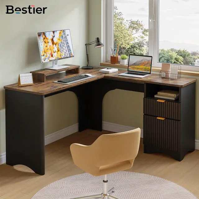 Alt view image 5 of 6 - L Shaped Desk with File Drawer, 55.7" x 55" Office Computer Desk with Round Corners, Modern Desk with Monitor Stand & Fluted Panels for Home Office, Black & Rustic Brown
