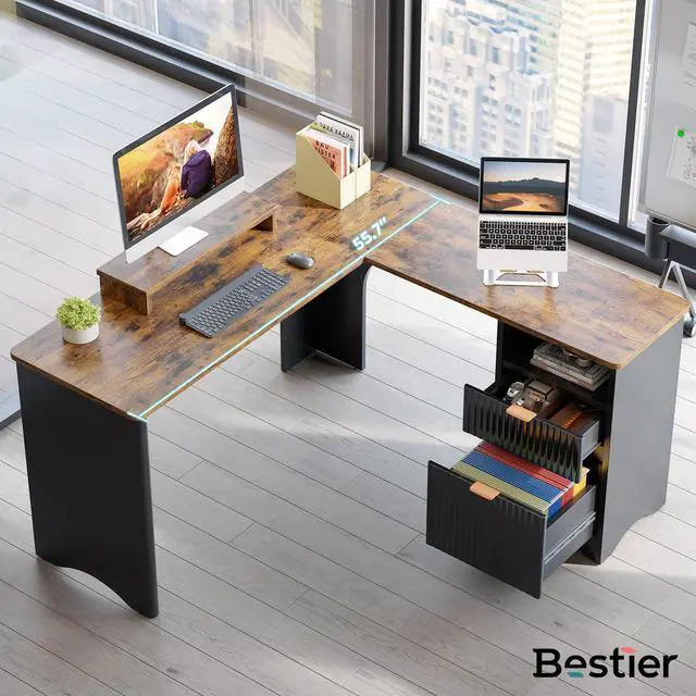 Alt view image 6 of 6 - L Shaped Desk with File Drawer, 55.7" x 55" Office Computer Desk with Round Corners, Modern Desk with Monitor Stand & Fluted Panels for Home Office, Black & Rustic Brown