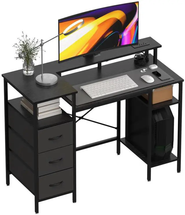 Main image of 47 Inch L-Shaped Computer Desk, Small Computer Gaming Desk with Fabric Drawers & Storage Shelves, Charging Station, Monitor Stand for Home, Office, Black