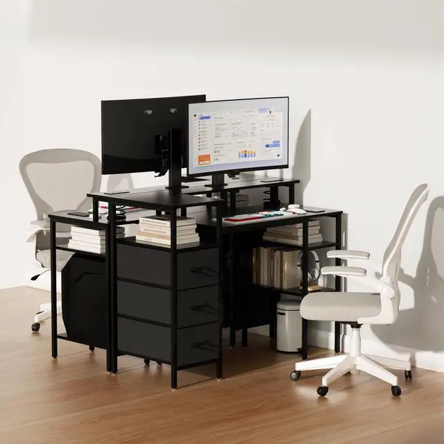 Alt view image 2 of 6 - 47 Inch L-Shaped Computer Desk, Small Computer Gaming Desk with Fabric Drawers & Storage Shelves, Charging Station, Monitor Stand for Home, Office, Black