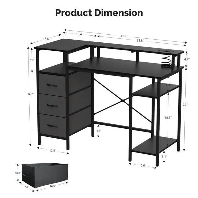 Alt view image 3 of 6 - 47 Inch L-Shaped Computer Desk, Small Computer Gaming Desk with Fabric Drawers & Storage Shelves, Charging Station, Monitor Stand for Home, Office, Black