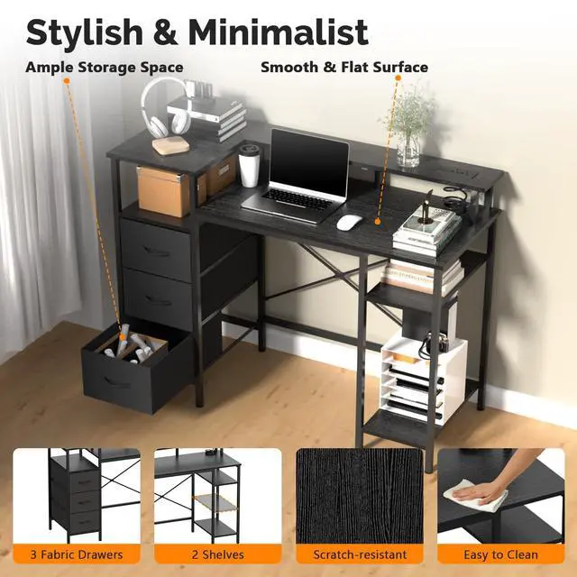 Alt view image 4 of 6 - 47 Inch L-Shaped Computer Desk, Small Computer Gaming Desk with Fabric Drawers & Storage Shelves, Charging Station, Monitor Stand for Home, Office, Black