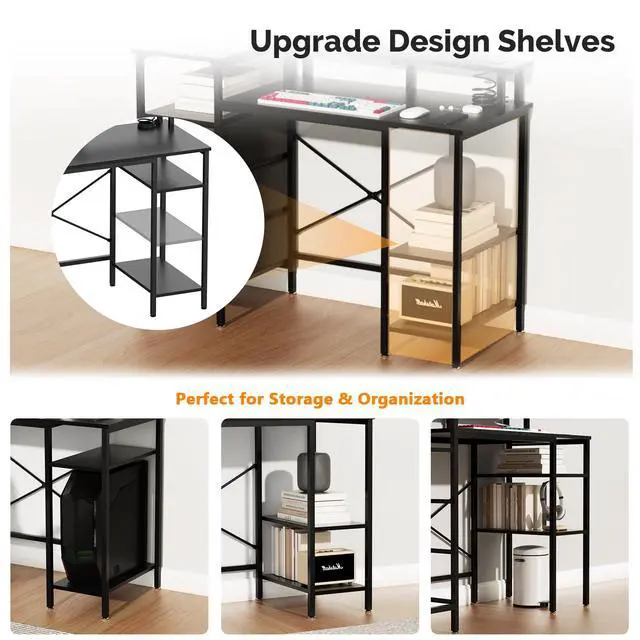 Alt view image 5 of 6 - 47 Inch L-Shaped Computer Desk, Small Computer Gaming Desk with Fabric Drawers & Storage Shelves, Charging Station, Monitor Stand for Home, Office, Black