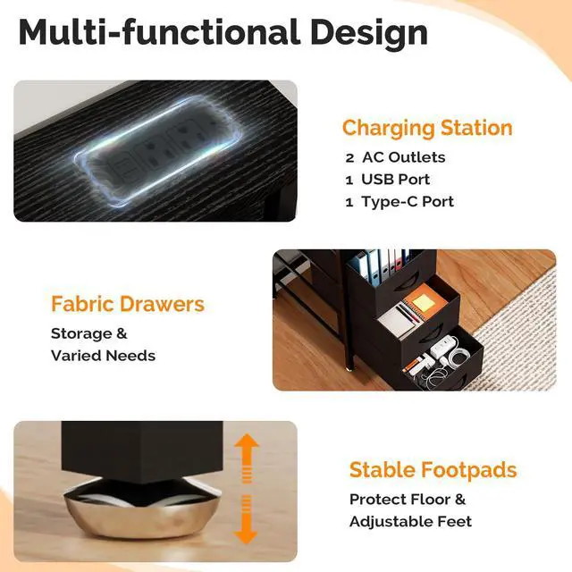 Alt view image 6 of 6 - 47 Inch L-Shaped Computer Desk, Small Computer Gaming Desk with Fabric Drawers & Storage Shelves, Charging Station, Monitor Stand for Home, Office, Black