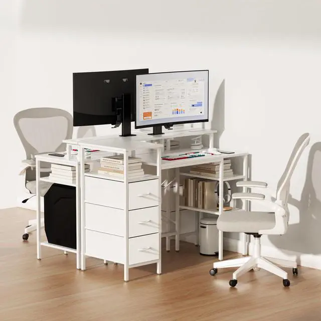 Alt view image 2 of 6 - 47 Inch L-Shaped Computer Desk, Small Computer Gaming Desk with Fabric Drawers & Storage Shelves, Charging Station, Monitor Stand for Home, Office, White