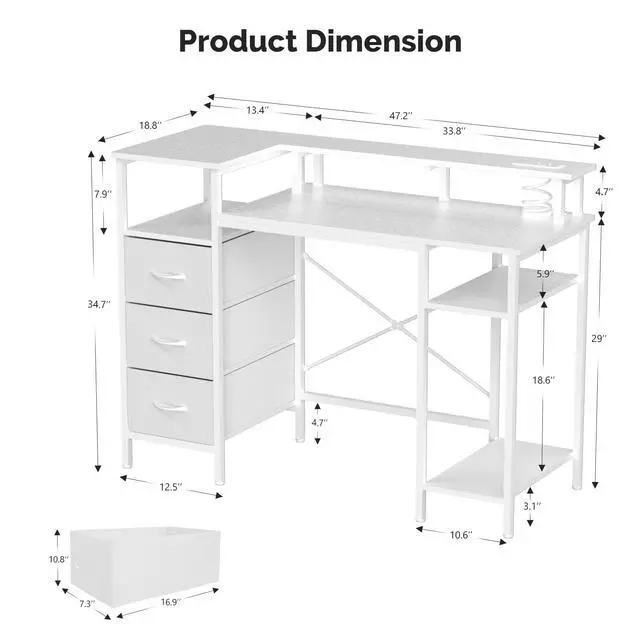 Alt view image 3 of 6 - 47 Inch L-Shaped Computer Desk, Small Computer Gaming Desk with Fabric Drawers & Storage Shelves, Charging Station, Monitor Stand for Home, Office, White