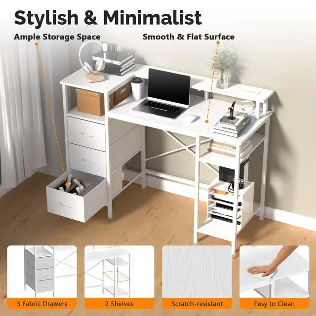 Alt view image 4 of 6 - 47 Inch L-Shaped Computer Desk, Small Computer Gaming Desk with Fabric Drawers & Storage Shelves, Charging Station, Monitor Stand for Home, Office, White