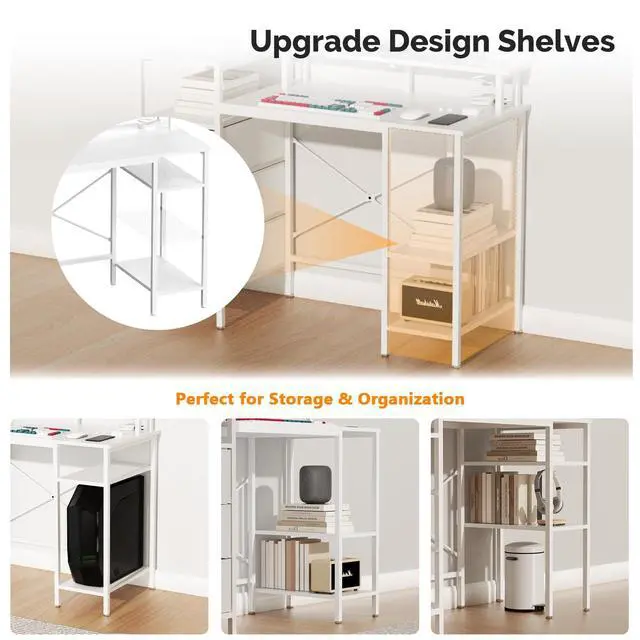 Alt view image 5 of 6 - 47 Inch L-Shaped Computer Desk, Small Computer Gaming Desk with Fabric Drawers & Storage Shelves, Charging Station, Monitor Stand for Home, Office, White