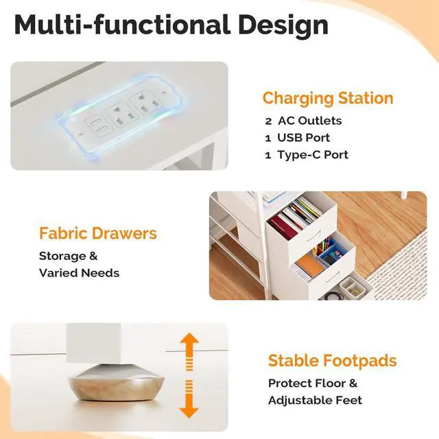 Alt view image 6 of 6 - 47 Inch L-Shaped Computer Desk, Small Computer Gaming Desk with Fabric Drawers & Storage Shelves, Charging Station, Monitor Stand for Home, Office, White