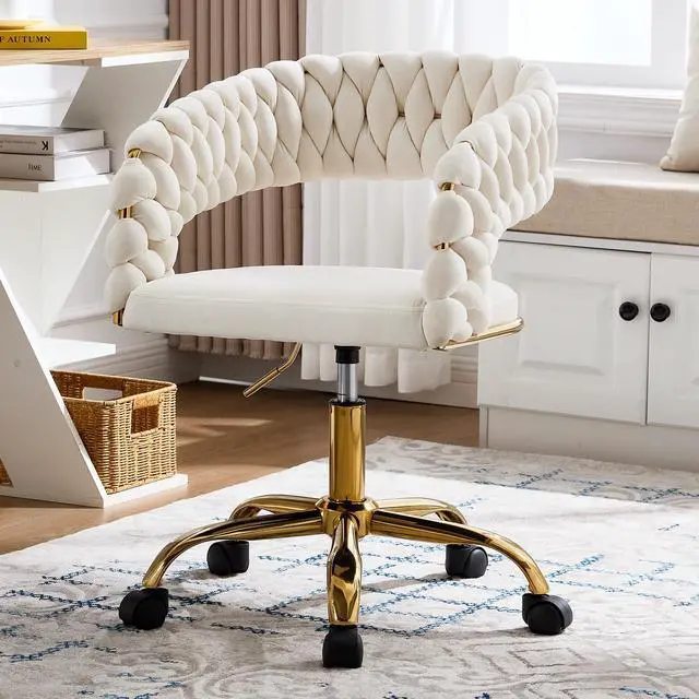 Main image of Woven Home Office Chair, Velvet Upholstered Desk Chair with Open Back, Height Adjustable Task Chair, Office Armchair with Wheels, Vanity Chair, Computer Chair for Office (Beige)