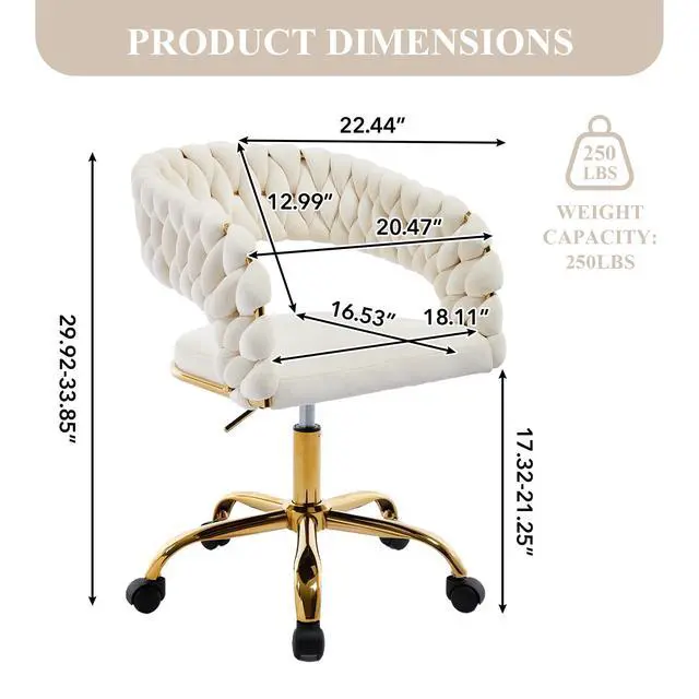 Alt view image 2 of 6 - Woven Home Office Chair, Velvet Upholstered Desk Chair with Open Back, Height Adjustable Task Chair, Office Armchair with Wheels, Vanity Chair, Computer Chair for Office (Beige)