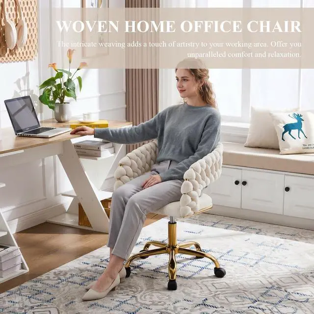 Alt view image 3 of 6 - Woven Home Office Chair, Velvet Upholstered Desk Chair with Open Back, Height Adjustable Task Chair, Office Armchair with Wheels, Vanity Chair, Computer Chair for Office (Beige)