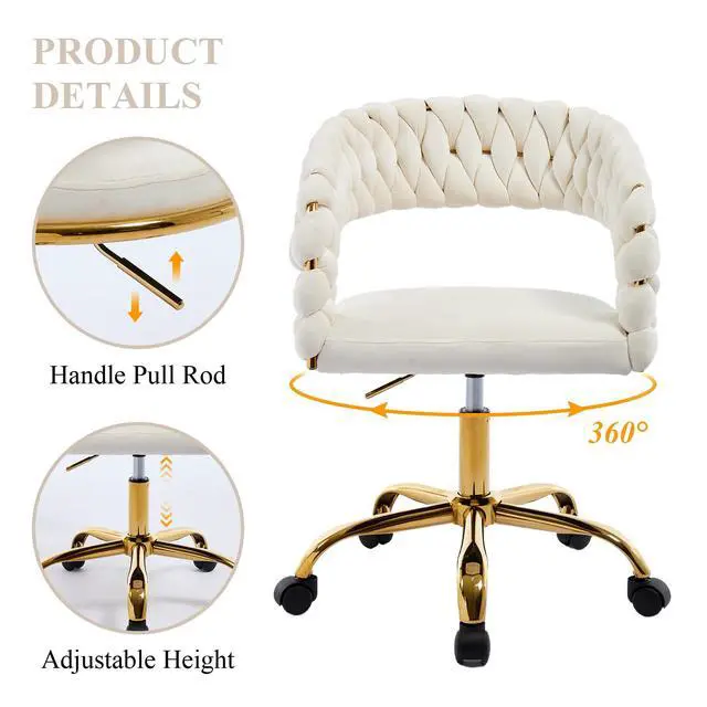 Alt view image 4 of 6 - Woven Home Office Chair, Velvet Upholstered Desk Chair with Open Back, Height Adjustable Task Chair, Office Armchair with Wheels, Vanity Chair, Computer Chair for Office (Beige)