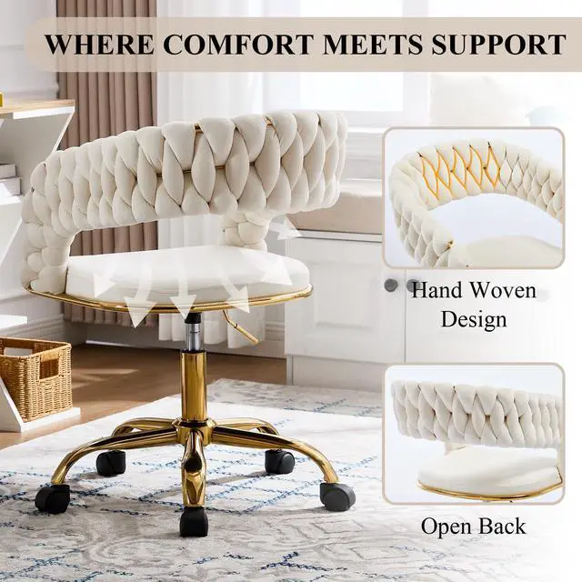 Alt view image 5 of 6 - Woven Home Office Chair, Velvet Upholstered Desk Chair with Open Back, Height Adjustable Task Chair, Office Armchair with Wheels, Vanity Chair, Computer Chair for Office (Beige)