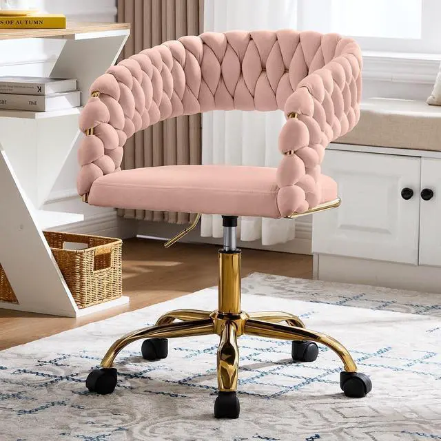 Main image of Woven Home Office Chair, Velvet Upholstered Desk Chair with Open Back, Height Adjustable Task Chair, Office Armchair with Wheels, Vanity Chair, Computer Chair for Office, Studio (Pink)