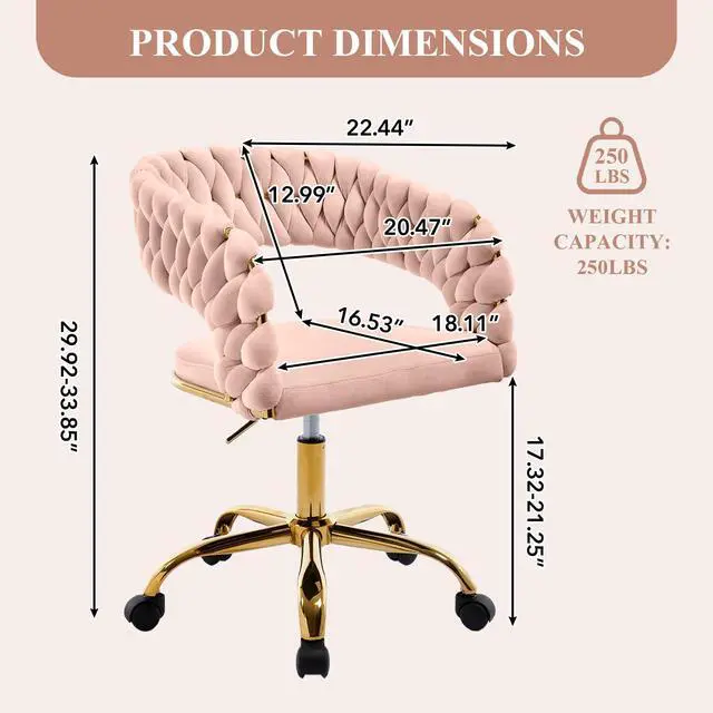 Alt view image 2 of 6 - Woven Home Office Chair, Velvet Upholstered Desk Chair with Open Back, Height Adjustable Task Chair, Office Armchair with Wheels, Vanity Chair, Computer Chair for Office, Studio (Pink)