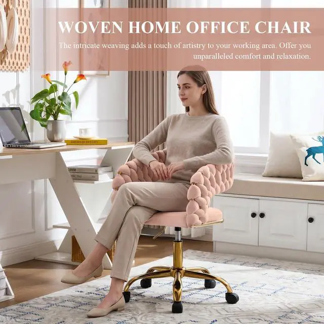 Alt view image 3 of 6 - Woven Home Office Chair, Velvet Upholstered Desk Chair with Open Back, Height Adjustable Task Chair, Office Armchair with Wheels, Vanity Chair, Computer Chair for Office, Studio (Pink)