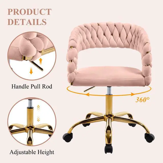 Alt view image 4 of 6 - Woven Home Office Chair, Velvet Upholstered Desk Chair with Open Back, Height Adjustable Task Chair, Office Armchair with Wheels, Vanity Chair, Computer Chair for Office, Studio (Pink)