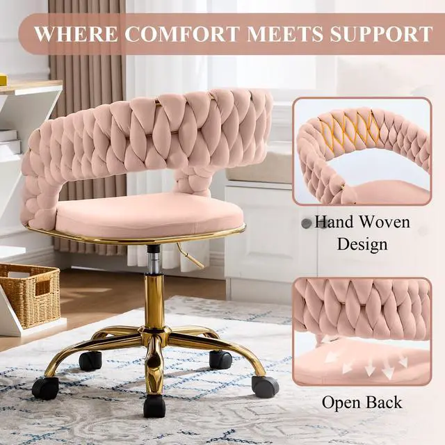 Alt view image 5 of 6 - Woven Home Office Chair, Velvet Upholstered Desk Chair with Open Back, Height Adjustable Task Chair, Office Armchair with Wheels, Vanity Chair, Computer Chair for Office, Studio (Pink)