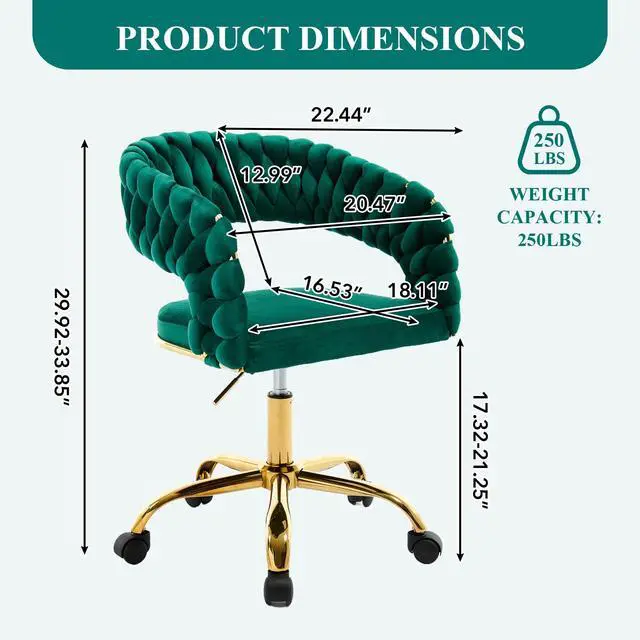 Alt view image 2 of 6 - Woven Home Office Chair, Velvet Upholstered Desk Chair with Open Back, Height Adjustable Task Chair, Computer Chair with Wheels, Office Armchair, Vanity Chair for Office, Studio (Emerald)