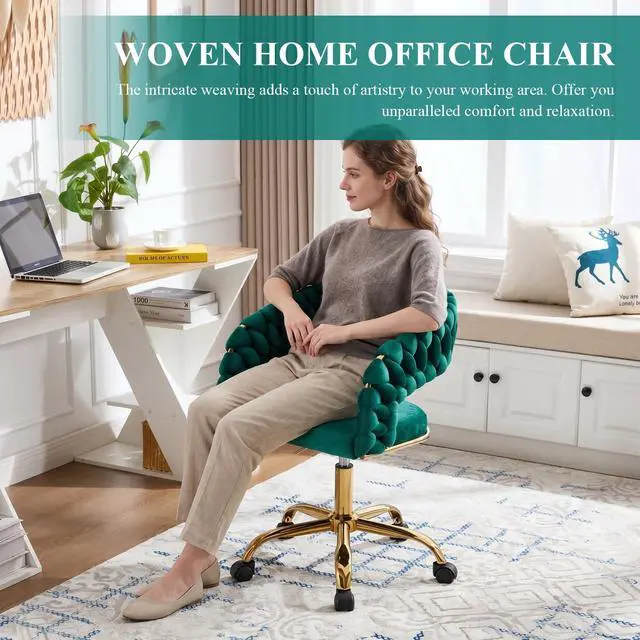 Alt view image 3 of 6 - Woven Home Office Chair, Velvet Upholstered Desk Chair with Open Back, Height Adjustable Task Chair, Computer Chair with Wheels, Office Armchair, Vanity Chair for Office, Studio (Emerald)