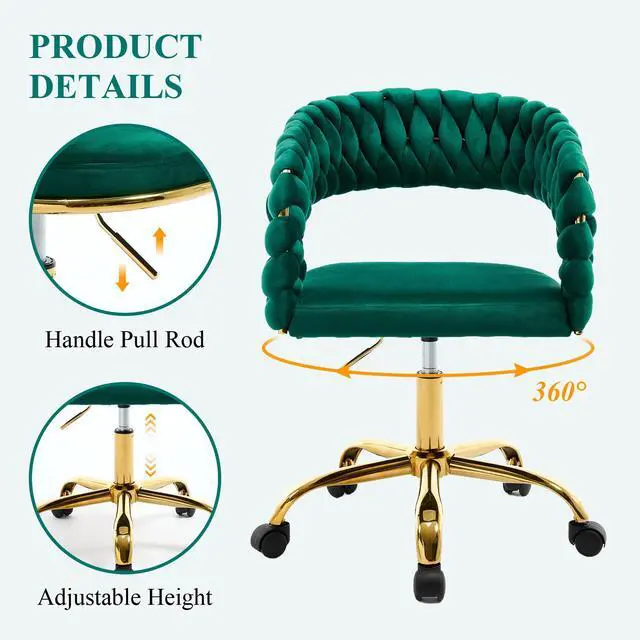 Alt view image 4 of 6 - Woven Home Office Chair, Velvet Upholstered Desk Chair with Open Back, Height Adjustable Task Chair, Computer Chair with Wheels, Office Armchair, Vanity Chair for Office, Studio (Emerald)