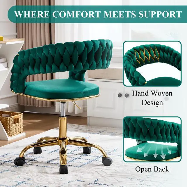 Alt view image 5 of 6 - Woven Home Office Chair, Velvet Upholstered Desk Chair with Open Back, Height Adjustable Task Chair, Computer Chair with Wheels, Office Armchair, Vanity Chair for Office, Studio (Emerald)