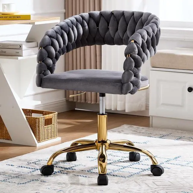 Main image of Woven Home Office Chair, Velvet Upholstered Desk Chair with Open Back, Height Adjustable Task Chair, Computer Chair with Wheels, Office Armchair, Vanity Chair for Office, Studio (Grey)