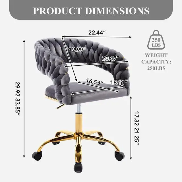Alt view image 2 of 6 - Woven Home Office Chair, Velvet Upholstered Desk Chair with Open Back, Height Adjustable Task Chair, Computer Chair with Wheels, Office Armchair, Vanity Chair for Office, Studio (Grey)