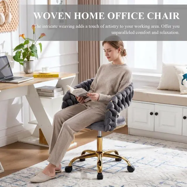 Alt view image 3 of 6 - Woven Home Office Chair, Velvet Upholstered Desk Chair with Open Back, Height Adjustable Task Chair, Computer Chair with Wheels, Office Armchair, Vanity Chair for Office, Studio (Grey)