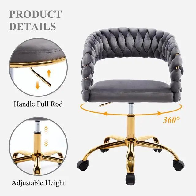 Alt view image 4 of 6 - Woven Home Office Chair, Velvet Upholstered Desk Chair with Open Back, Height Adjustable Task Chair, Computer Chair with Wheels, Office Armchair, Vanity Chair for Office, Studio (Grey)