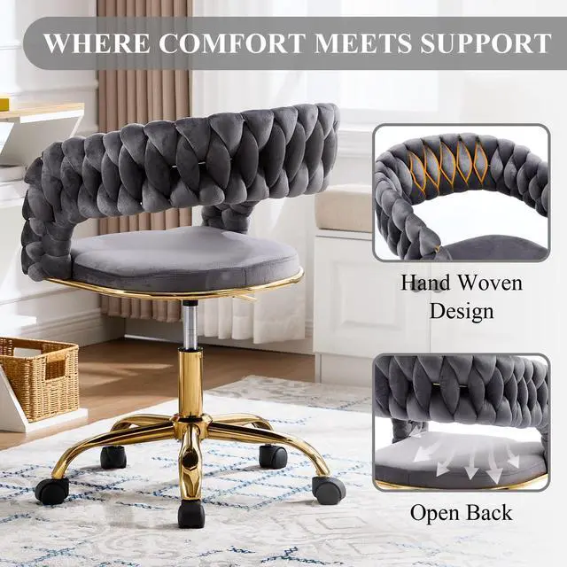 Alt view image 5 of 6 - Woven Home Office Chair, Velvet Upholstered Desk Chair with Open Back, Height Adjustable Task Chair, Computer Chair with Wheels, Office Armchair, Vanity Chair for Office, Studio (Grey)