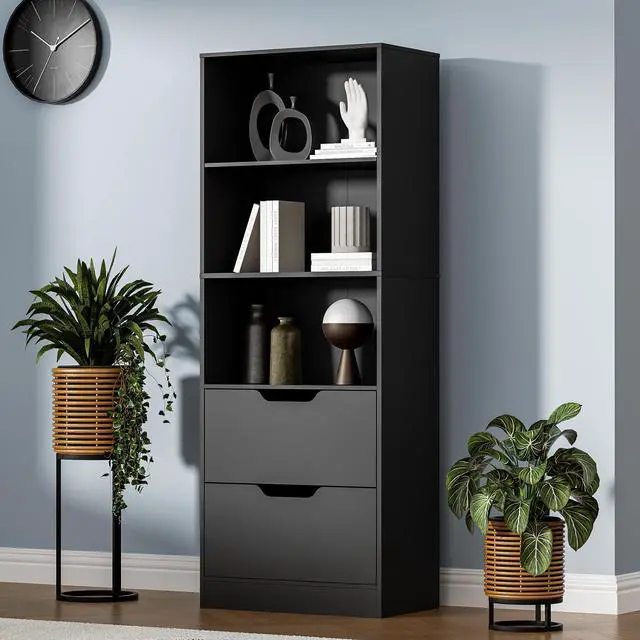 Main image of Bookcase with 2 Drawers, 63" 3-Tier Bookshelf with Storage, 3 Shelf Book Shelf with Adjustable Shelf, Modern Bookshelf, Open Shelves Bookcase for Study, Bedroom & Home Office, Black