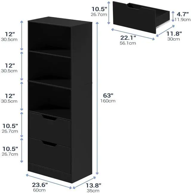Alt view image 2 of 6 - Bookcase with 2 Drawers, 63" 3-Tier Bookshelf with Storage, 3 Shelf Book Shelf with Adjustable Shelf, Modern Bookshelf, Open Shelves Bookcase for Study, Bedroom & Home Office, Black