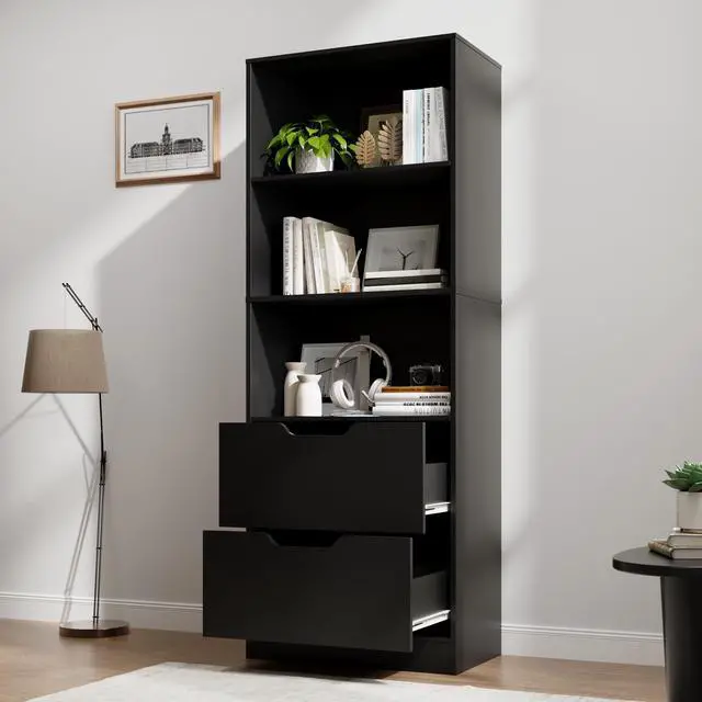 Alt view image 3 of 6 - Bookcase with 2 Drawers, 63" 3-Tier Bookshelf with Storage, 3 Shelf Book Shelf with Adjustable Shelf, Modern Bookshelf, Open Shelves Bookcase for Study, Bedroom & Home Office, Black