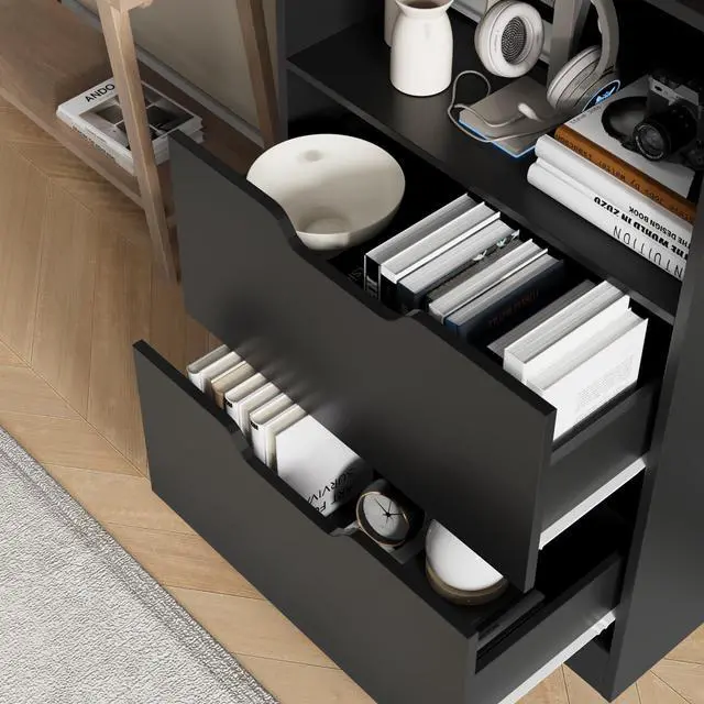 Alt view image 4 of 6 - Bookcase with 2 Drawers, 63" 3-Tier Bookshelf with Storage, 3 Shelf Book Shelf with Adjustable Shelf, Modern Bookshelf, Open Shelves Bookcase for Study, Bedroom & Home Office, Black