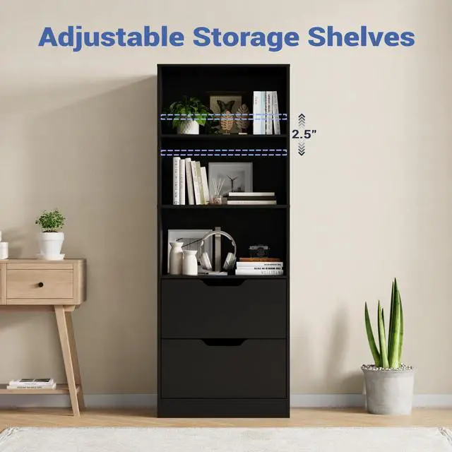 Alt view image 5 of 6 - Bookcase with 2 Drawers, 63" 3-Tier Bookshelf with Storage, 3 Shelf Book Shelf with Adjustable Shelf, Modern Bookshelf, Open Shelves Bookcase for Study, Bedroom & Home Office, Black