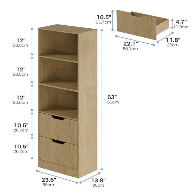 Alt view image 2 of 6 - Bookcase with 2 Drawers, 3-Tier Bookshelf with Storage, 3 Shelf Bookshelf with Adjustable Shelf, Modern Bookshelf, Open Shelves for Study, Bedroom & Home Office, Natural