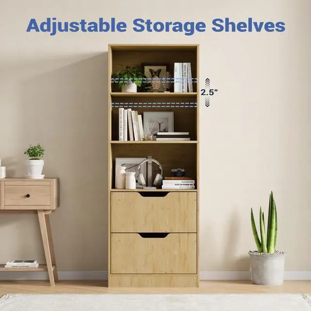 Alt view image 3 of 6 - Bookcase with 2 Drawers, 3-Tier Bookshelf with Storage, 3 Shelf Bookshelf with Adjustable Shelf, Modern Bookshelf, Open Shelves for Study, Bedroom & Home Office, Natural