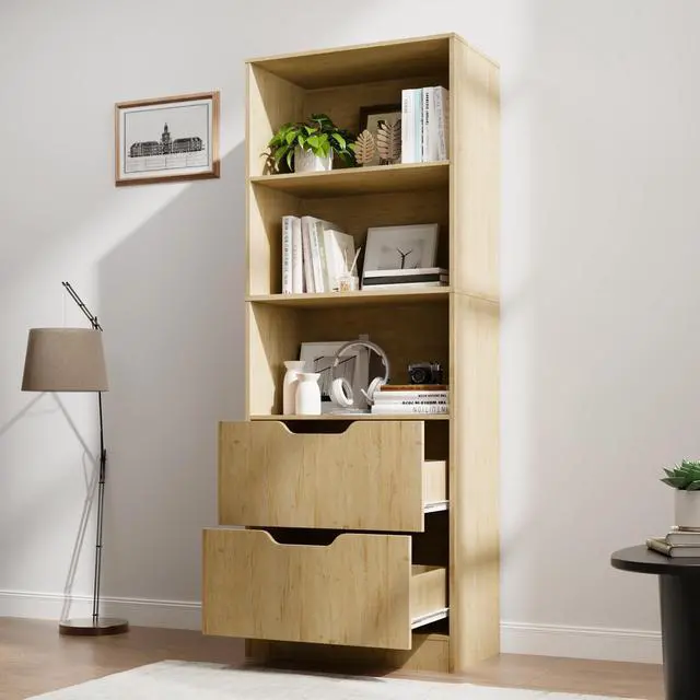 Alt view image 4 of 6 - Bookcase with 2 Drawers, 3-Tier Bookshelf with Storage, 3 Shelf Bookshelf with Adjustable Shelf, Modern Bookshelf, Open Shelves for Study, Bedroom & Home Office, Natural