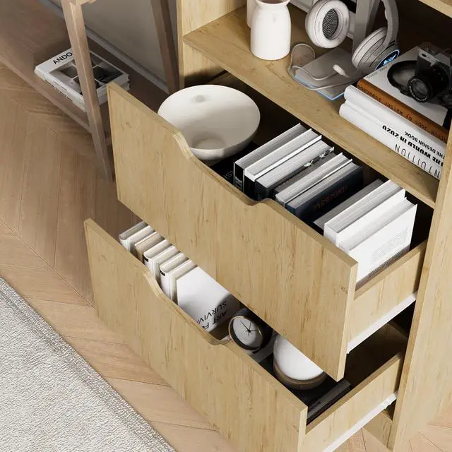 Alt view image 5 of 6 - Bookcase with 2 Drawers, 3-Tier Bookshelf with Storage, 3 Shelf Bookshelf with Adjustable Shelf, Modern Bookshelf, Open Shelves for Study, Bedroom & Home Office, Natural
