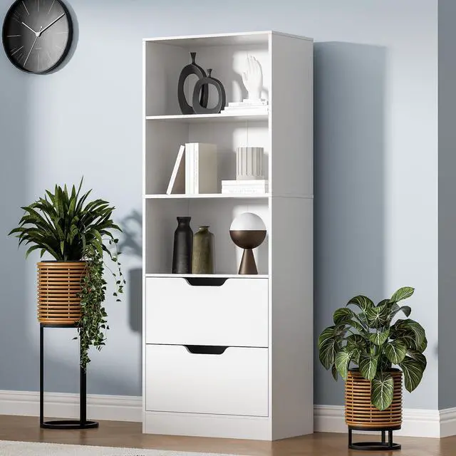 Main image of Bookcase with 2 Drawers, 63" 3-Tier Bookshelf with Storage, 3 Shelf Bookcase with Adjustable Shelf, Modern Bookshelf, Open Shelves Bookshelf for Study, Bedroom & Home Office, White