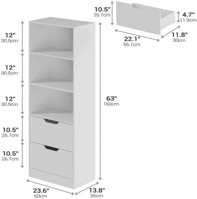 Alt view image 2 of 6 - Bookcase with 2 Drawers, 63" 3-Tier Bookshelf with Storage, 3 Shelf Bookcase with Adjustable Shelf, Modern Bookshelf, Open Shelves Bookshelf for Study, Bedroom & Home Office, White