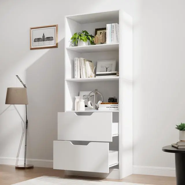 Alt view image 3 of 6 - Bookcase with 2 Drawers, 63" 3-Tier Bookshelf with Storage, 3 Shelf Bookcase with Adjustable Shelf, Modern Bookshelf, Open Shelves Bookshelf for Study, Bedroom & Home Office, White
