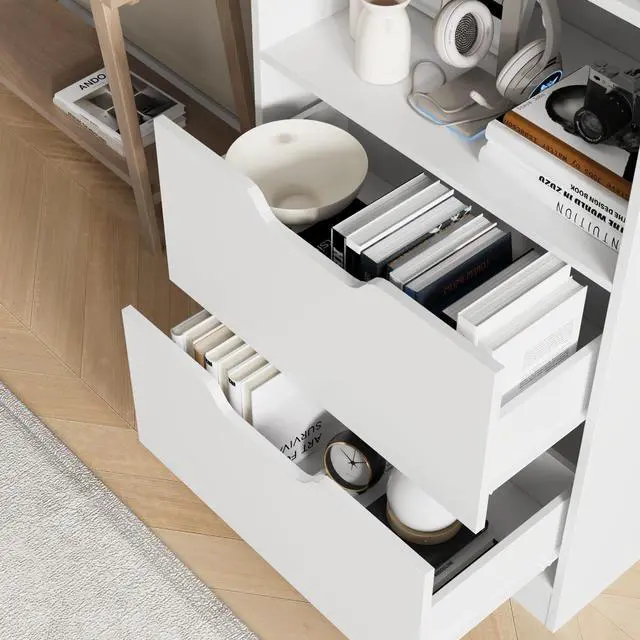 Alt view image 4 of 6 - Bookcase with 2 Drawers, 63" 3-Tier Bookshelf with Storage, 3 Shelf Bookcase with Adjustable Shelf, Modern Bookshelf, Open Shelves Bookshelf for Study, Bedroom & Home Office, White