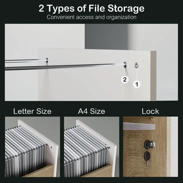 Alt view image 3 of 6 - 2 Drawer Wood File Cabinet, Filing Cabinet for Home Office with Lock, Power Outlets, Storage Shelves, Lateral File Cabinet Fits Letter/A4 Size, Light Walnut