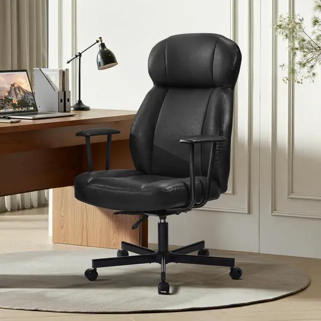 Main image of Ergonomic PU Leather Home Office Chair, High Back Executive Desk Chair with 5-Layer Cushion, 95-135° Reclining Back, Lumbar Support, Adjustable Height, 360° Swivel for Home Office Task, Black
